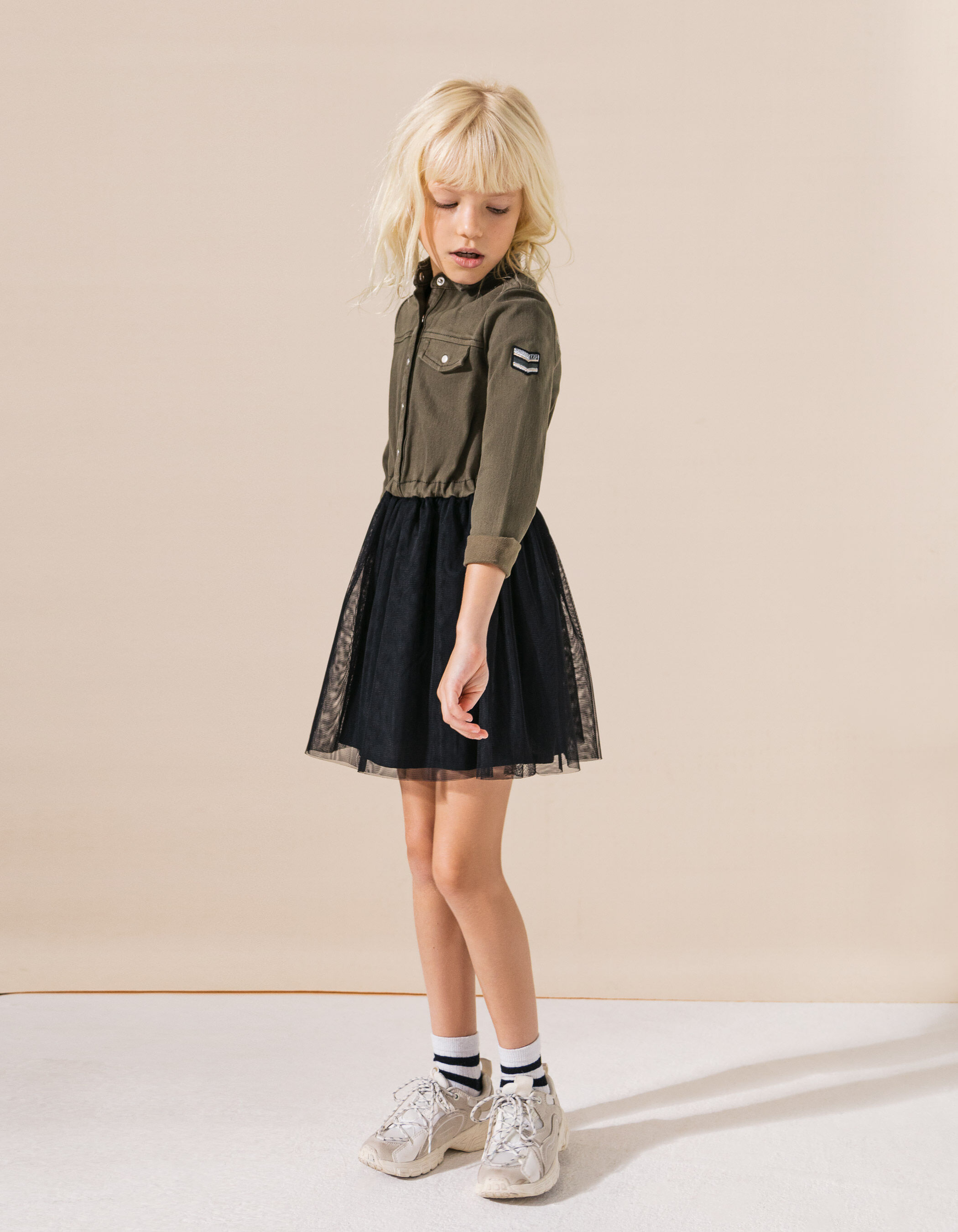 Robe kaki fonce bi matiere avec tulle noir fille IKKS