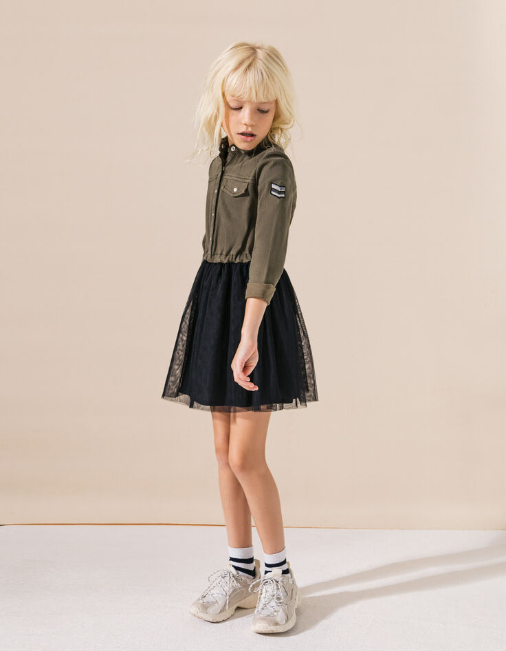 Girls&rsquo; dark khaki mixed-fabric dress with black tulle-1
