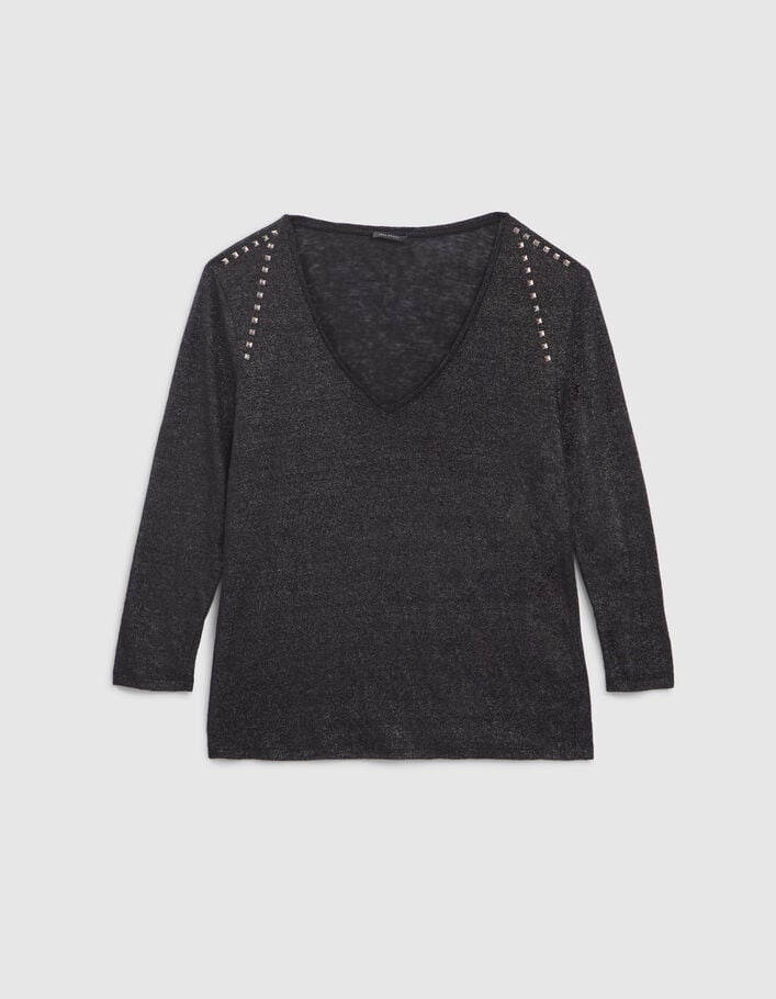 Women’s black studded foil linen T-shirt-4