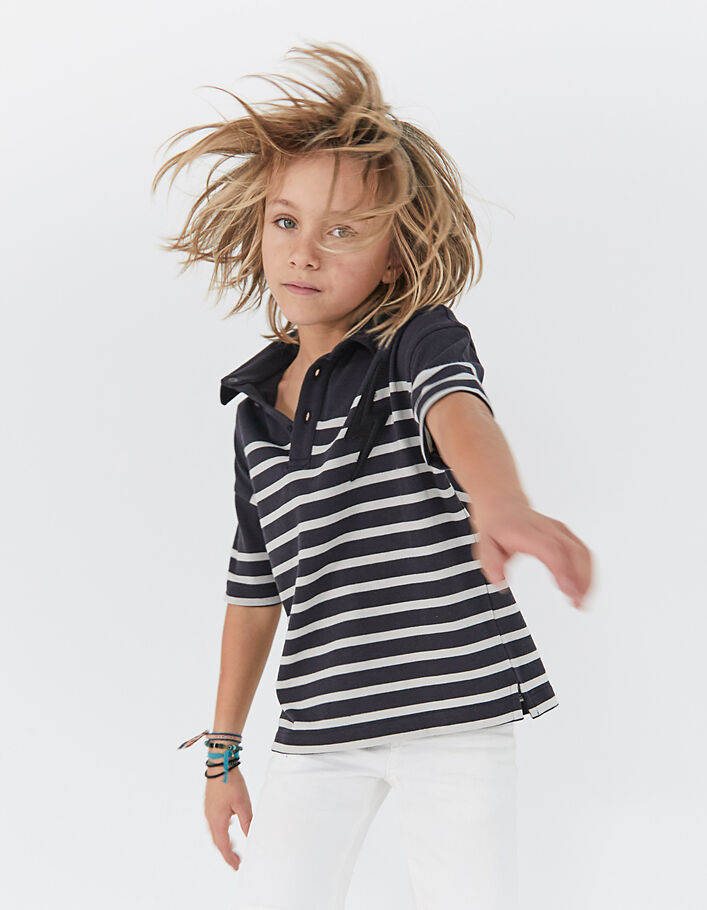 Boys’ black sailor stripe polo shirt, ecru stripes & badge - IKKS