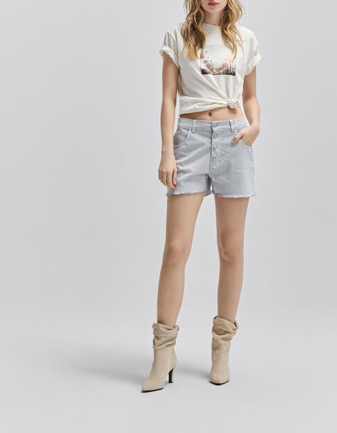 Weiße Damen-Jeansshorts Waterless feine blaue Streifen Weiße Damen-Jeansshorts Waterless feine blaue Streifen - IKKS