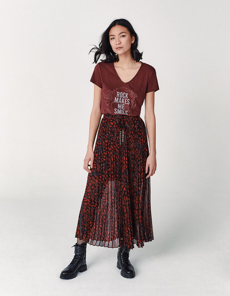 Tee-shirt grenat en coton flammé message pailleté femme-6