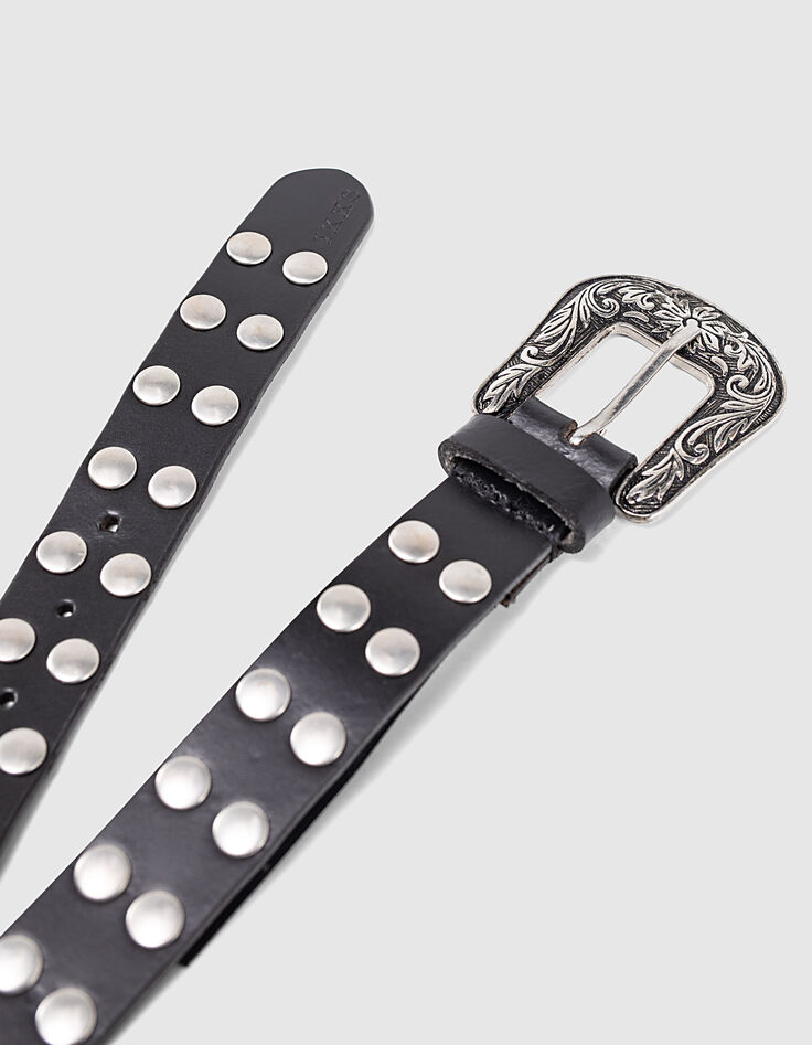 Ceinture jean cuir noir boucle western clous bijoux femme-3