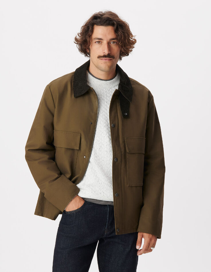 Khakifarbene Herren-Multitaschenjacke mit Samtkragen-1