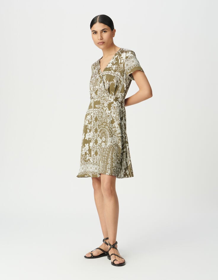 Robe fluide kaki imprimé foulard Femme-1