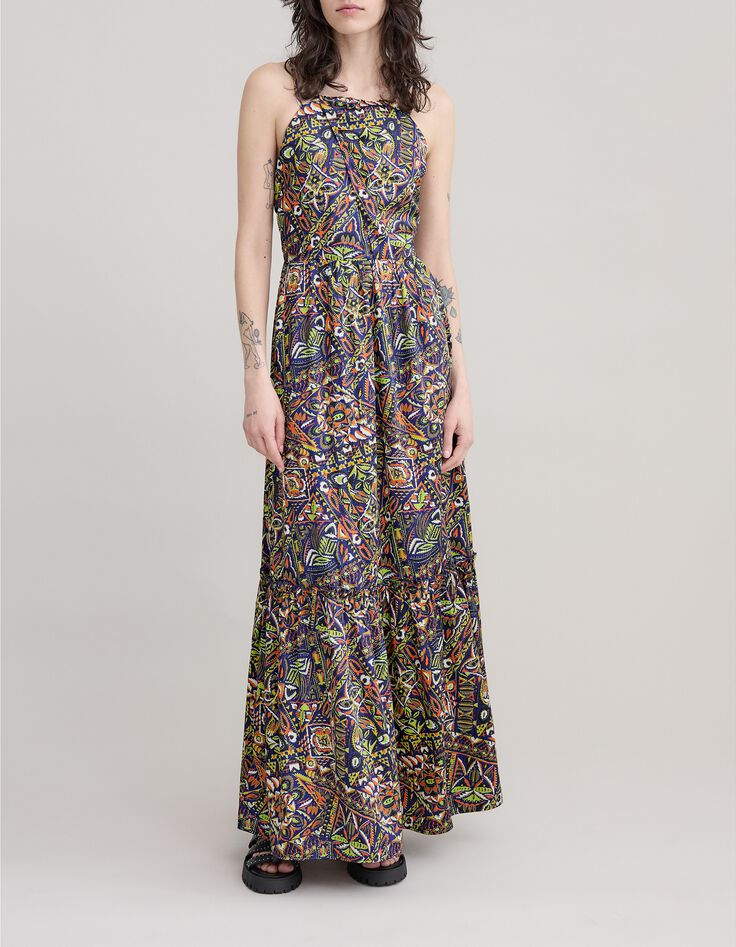 Robe bleue polyester recyclé graphique ethnique Femme-2