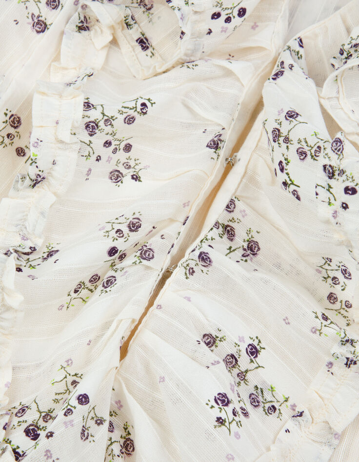 Ecru floral sleeveless top with ruffles for women-7