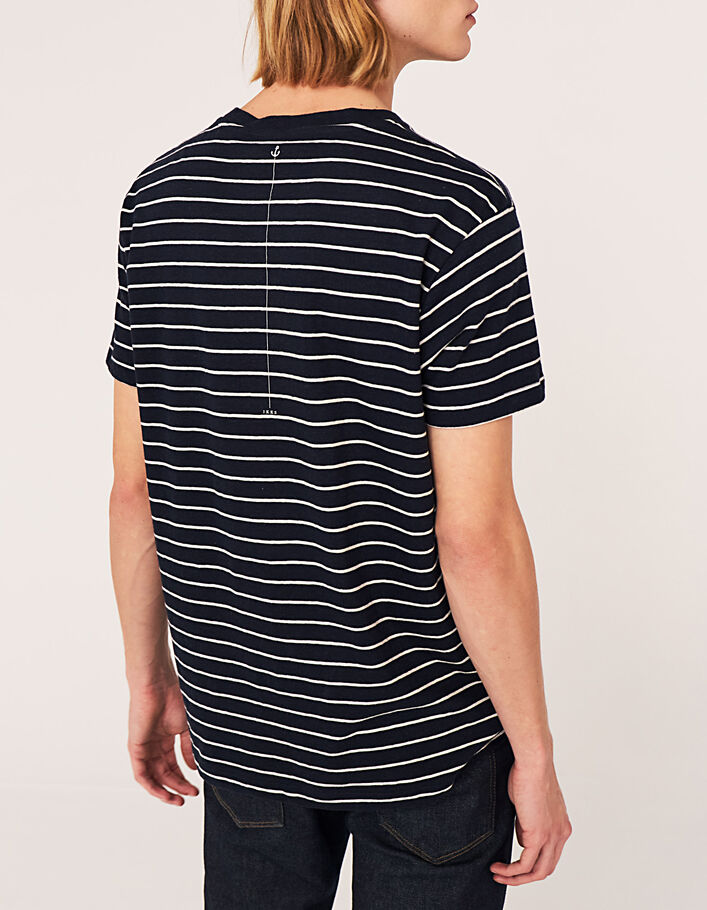 Men’s white-striped navy linen blend T-shirt with anchor - IKKS