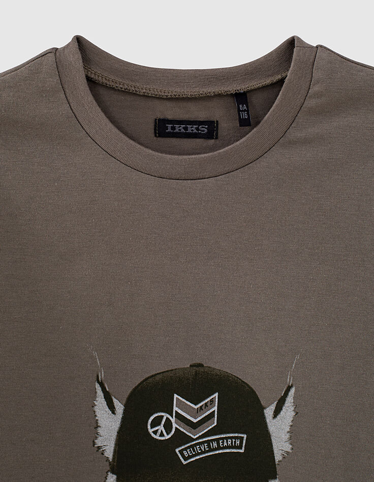 Donkerkaki T-shirt opdruk lynx-pet jongens -2