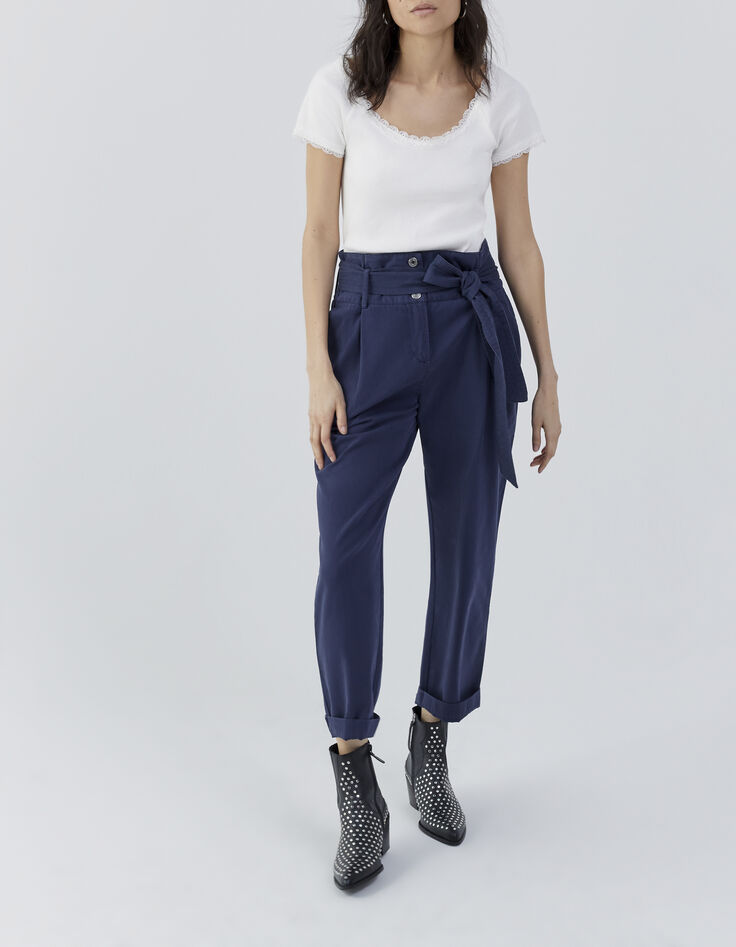 Pantalon large marine avec ceinture amovible Femme-1
