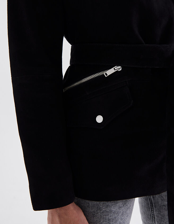 Blouson oversize long noir chèvre velours femme-3