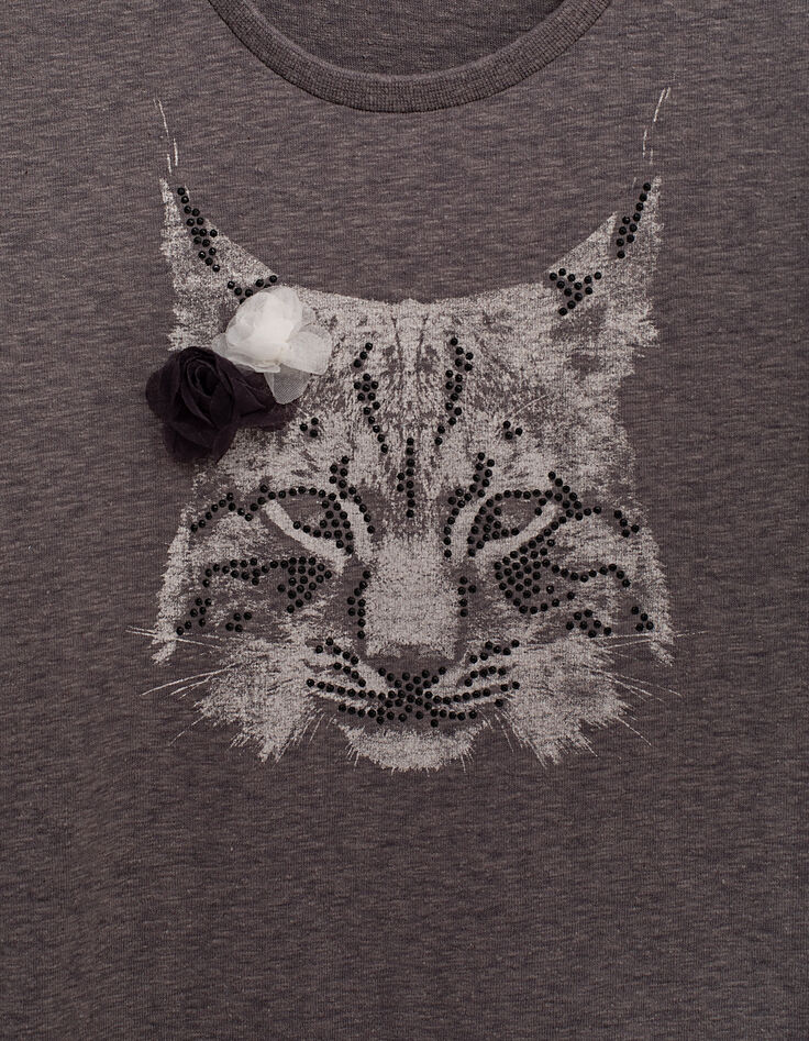 T-shirt gris de lin visuel lynx et fleurs 3D fille-2