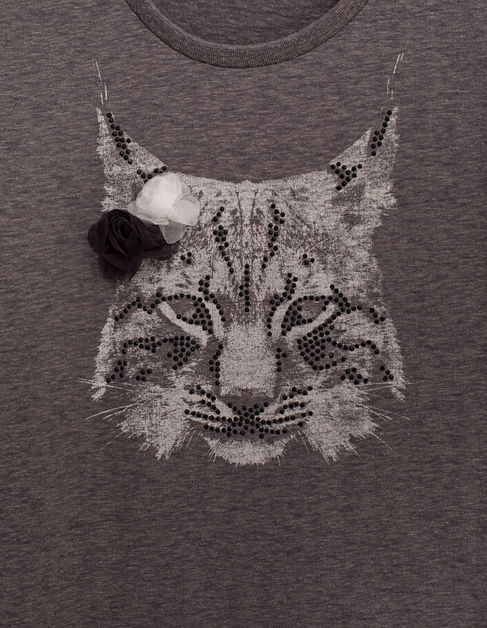 T-shirt gris de lin visuel lynx et fleurs 3D fille - IKKS