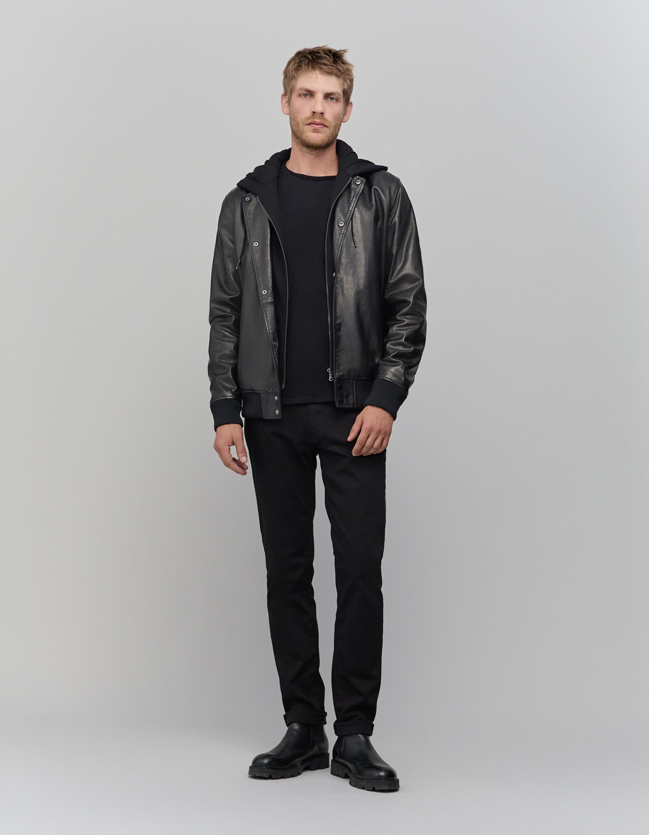 Men s black leather bomber jacket with detachable facing