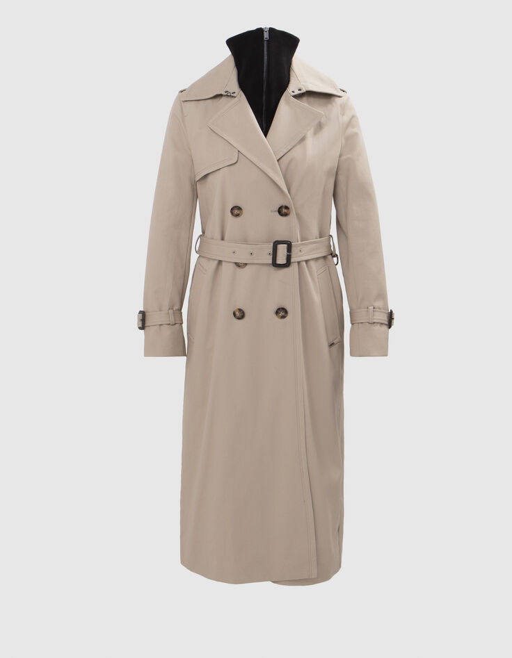 Women's long beige trench coat with removable trim-10
