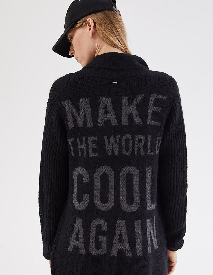 Cardigan noir mi-long broderie dos femme-5