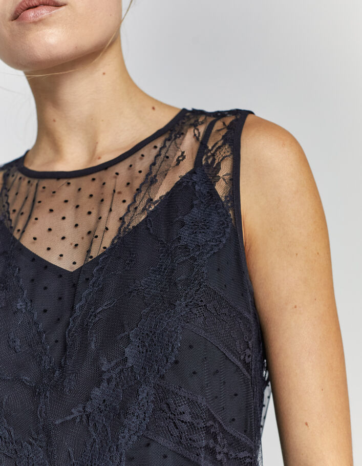 Women’s black lace and dotted Swiss-sleeveless top - IKKS