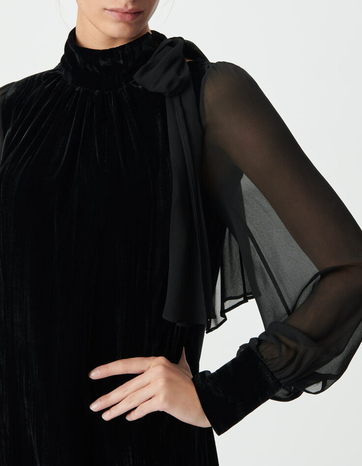 Women&rsquo;s black crushed velvet and voile mixed fabric dress-5