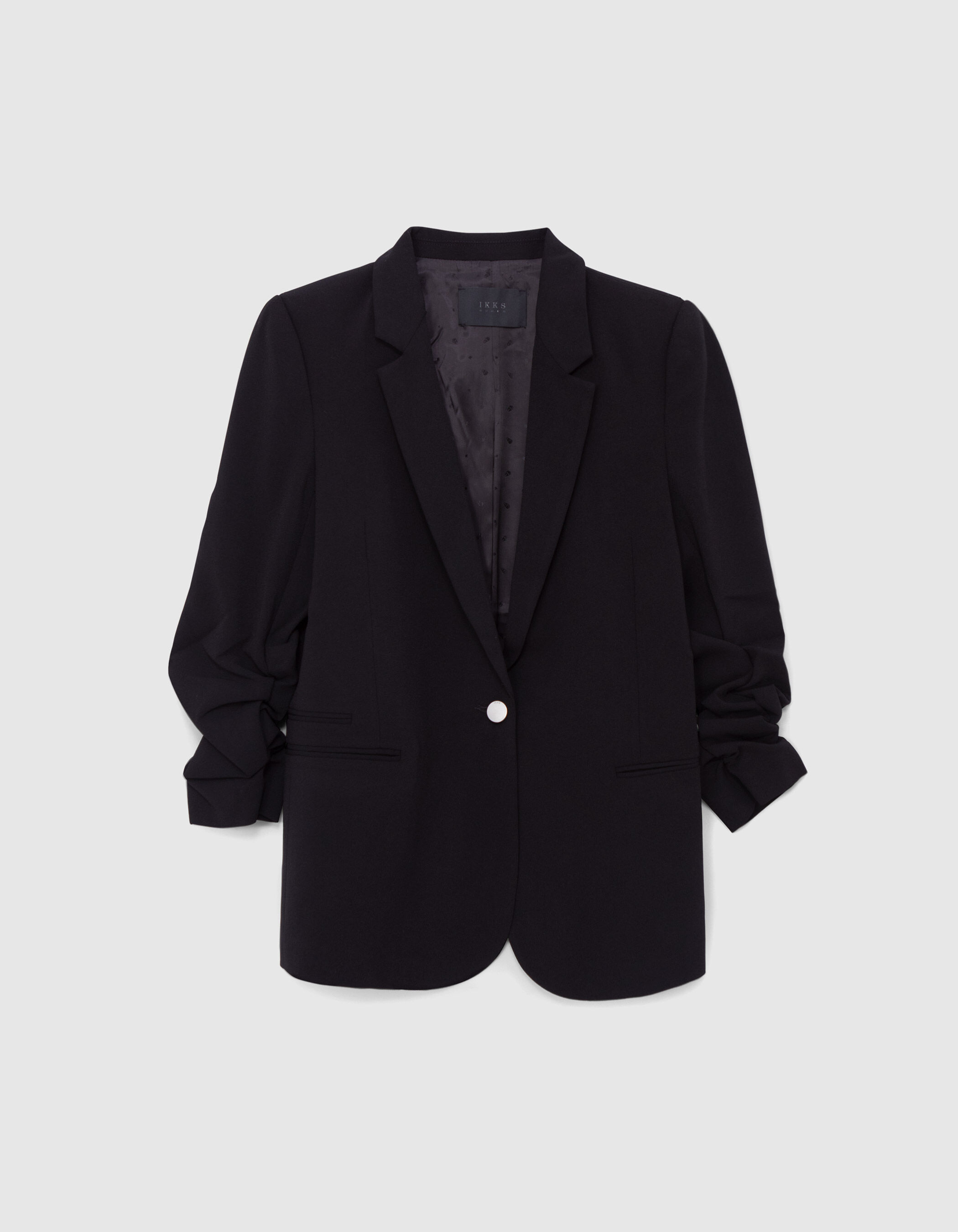 Veste tailleur en cr pe coloris noir femme