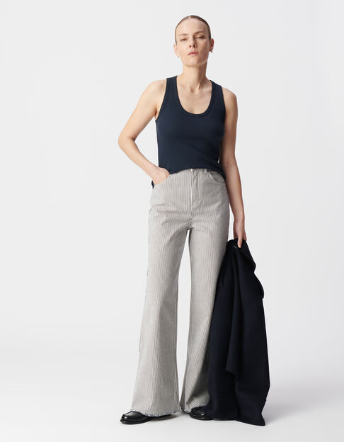 Women's navy rib-knit tank top with embroidered herringbone back - IKKS