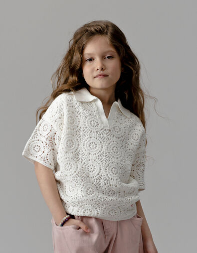 Top manches courtes blanc col polo crochet ajouré fille - IKKS