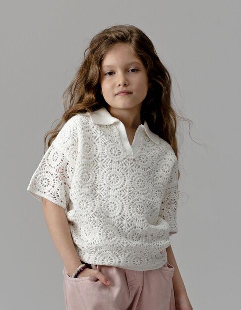 Top manches courtes blanc col polo crochet ajouré fille - IKKS