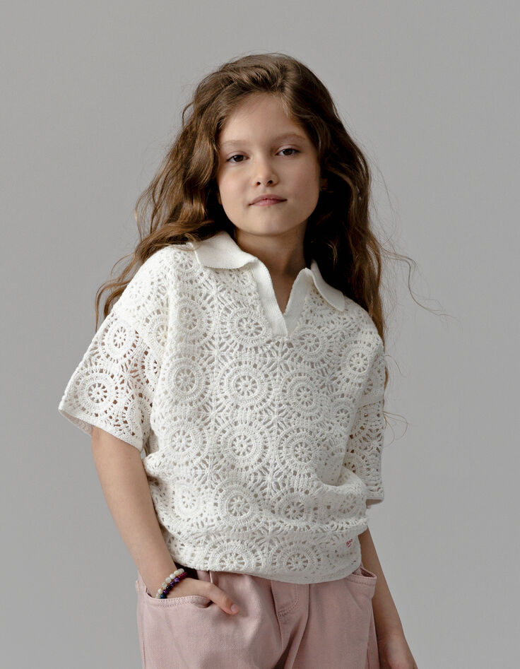 Top manches courtes blanc col polo crochet ajouré fille-1 Top manches courtes blanc col polo crochet ajouré fille-1