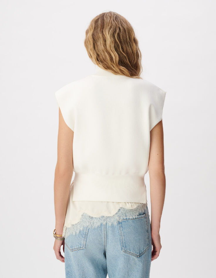 Pull sans manches blanc tricot col camionneur Femme-3