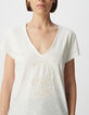 Tee-shirt col V blanc coton bio broderie tête de mort Femme-4