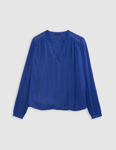 Women's royal blue crumpled blouse with eyelet and stud decoration - IKKS