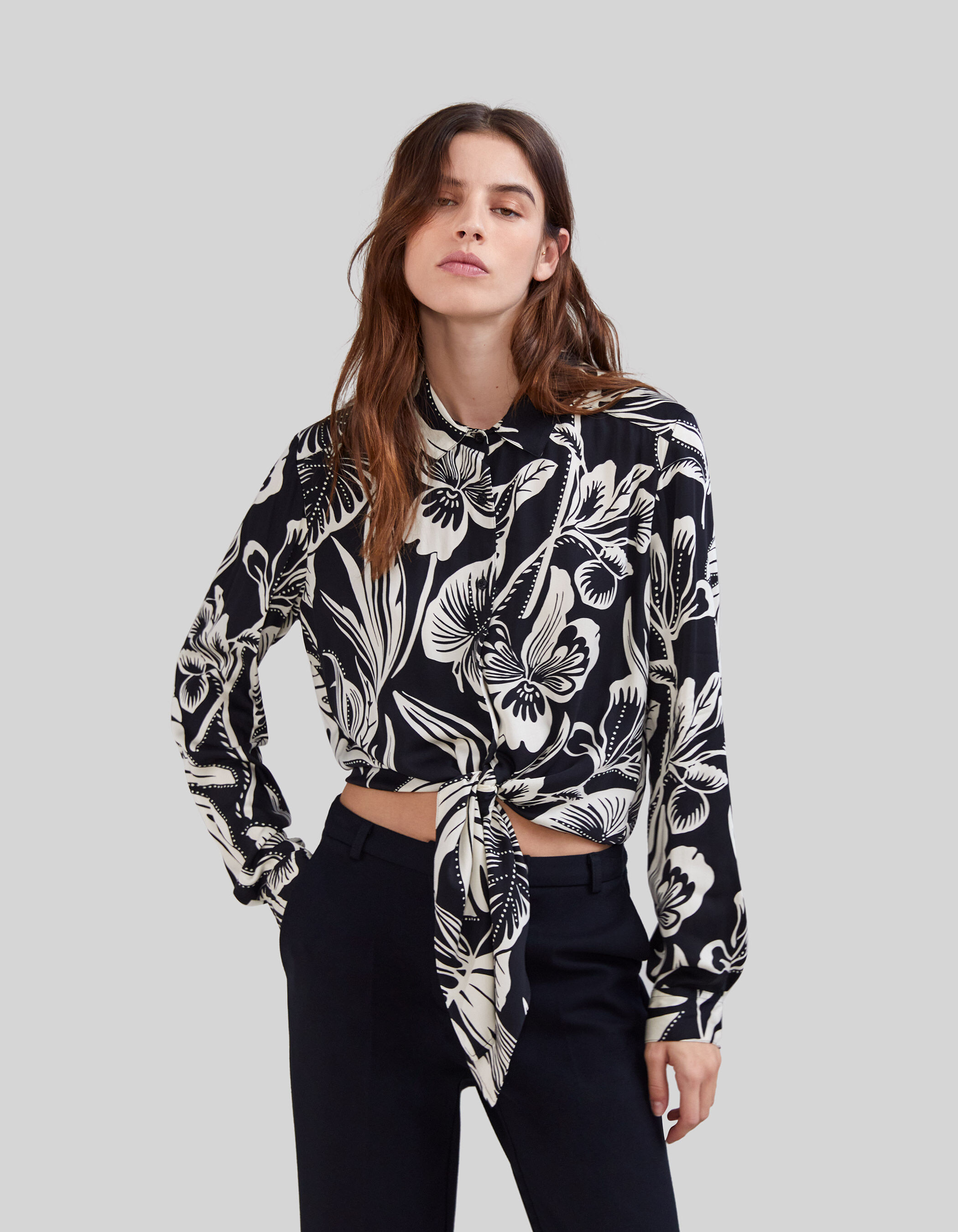 Zwart overhemd tropical print Dames
