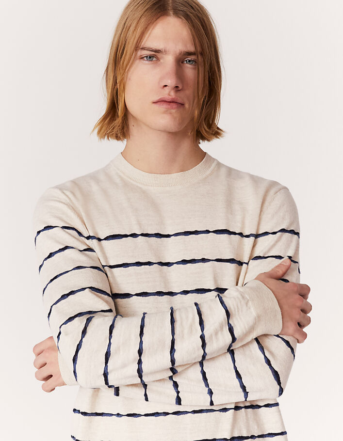 Pull marinière beige tricot à rayures bleu stone et noir Homme - IKKS