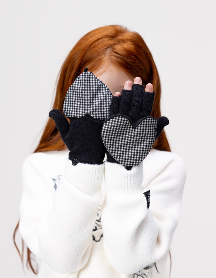 Girls’ black knit heart-shaped flap mittens-2 Girls’ black knit heart-shaped flap mittens-2