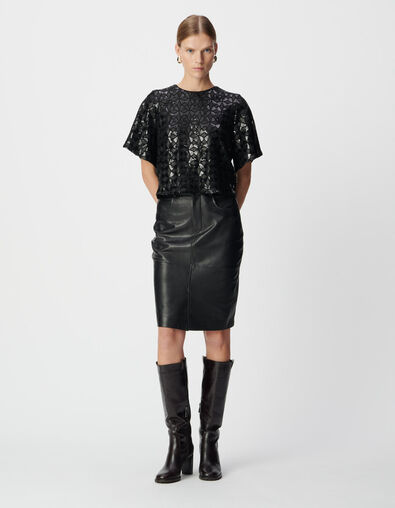 Jupe droite noire cuir longueur genoux Femme - IKKS