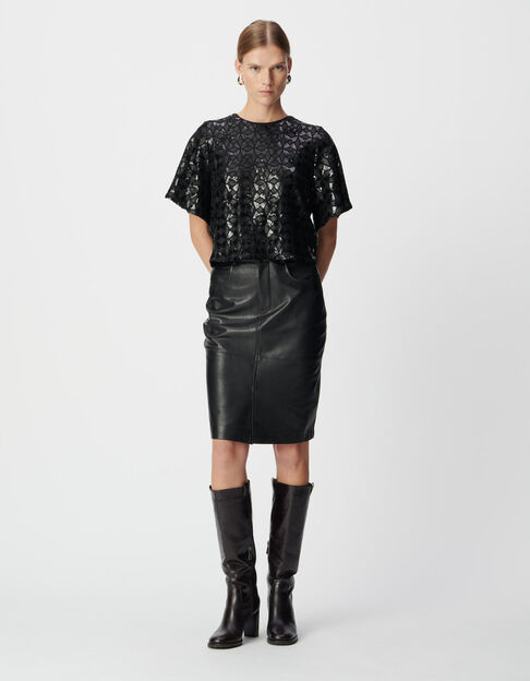 Jupe droite noire cuir longueur genoux Femme - IKKS