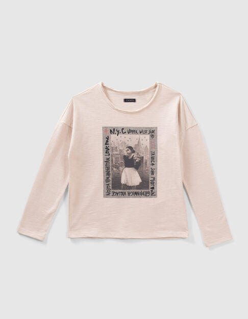 Girls’ beige organic cotton T-shirt with dancer image - IKKS