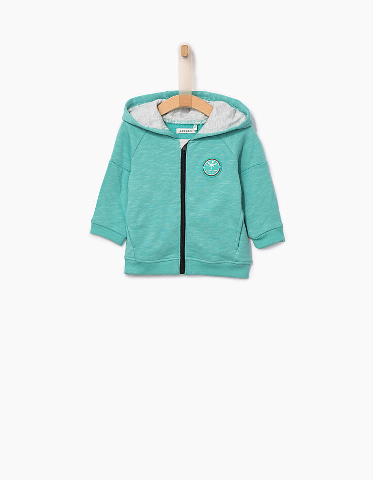 Türkisgrüne Baby-Strickjacke mit Palmen hinten -1
