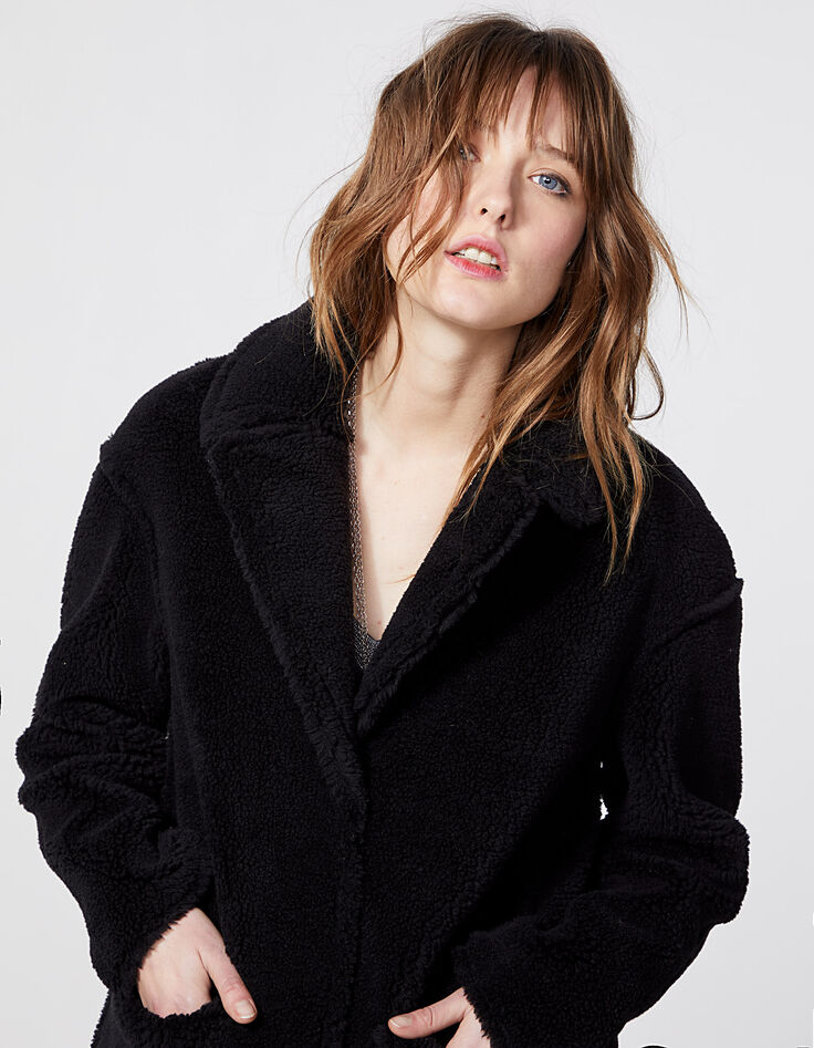 Women’s black faux shearling mid-length coat-1