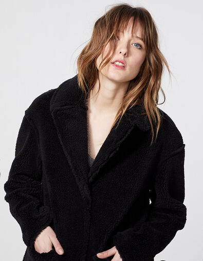 Women’s black faux shearling mid-length coat - IKKS