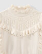 Pull écru tricot volants sans manches fille-2