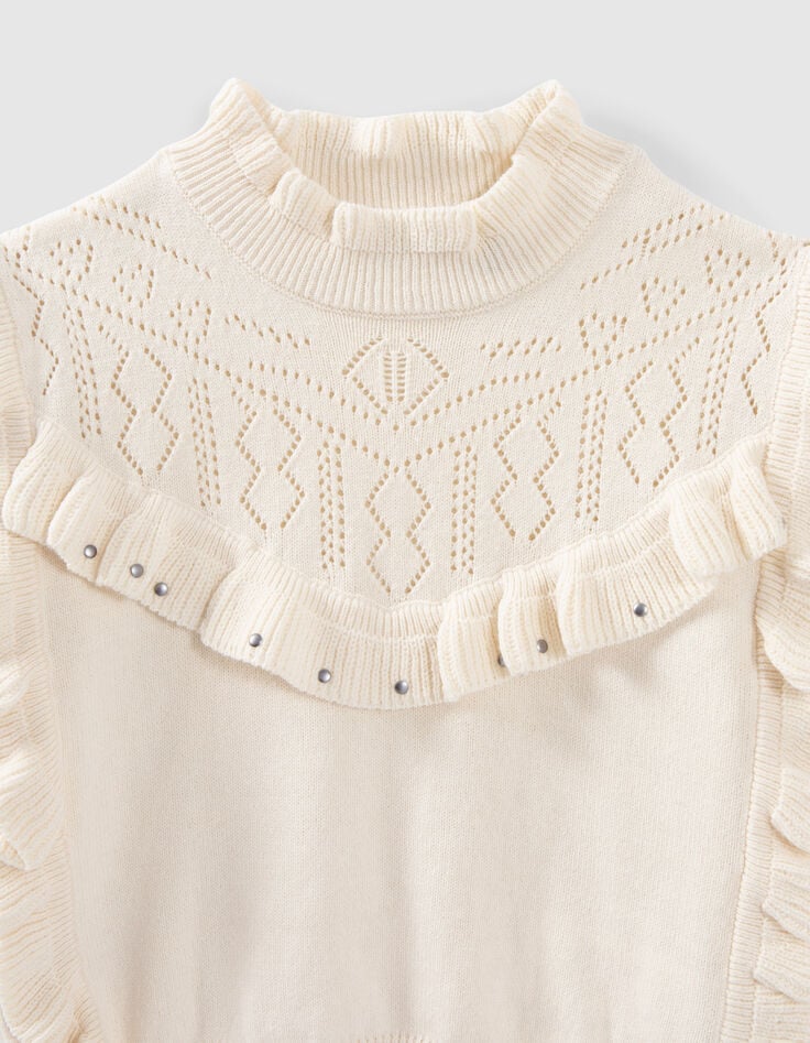 Pull écru tricot volants sans manches fille-2