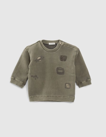 Kaki sweater met army borduursels babyjongens 