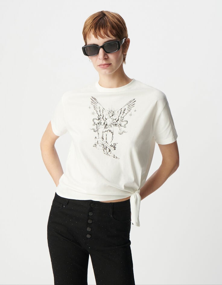 Tee-shirt blanc coton bio à nouer statue ailée Femme-2 Tee-shirt blanc coton bio à nouer statue ailée Femme-2