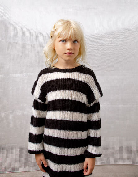 Girls’ black knit sweater dress with off-white stripes