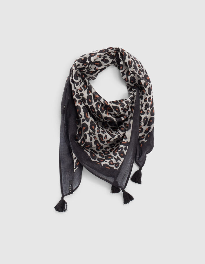 Women’s leopard print fine square scarf with tassels - IKKS