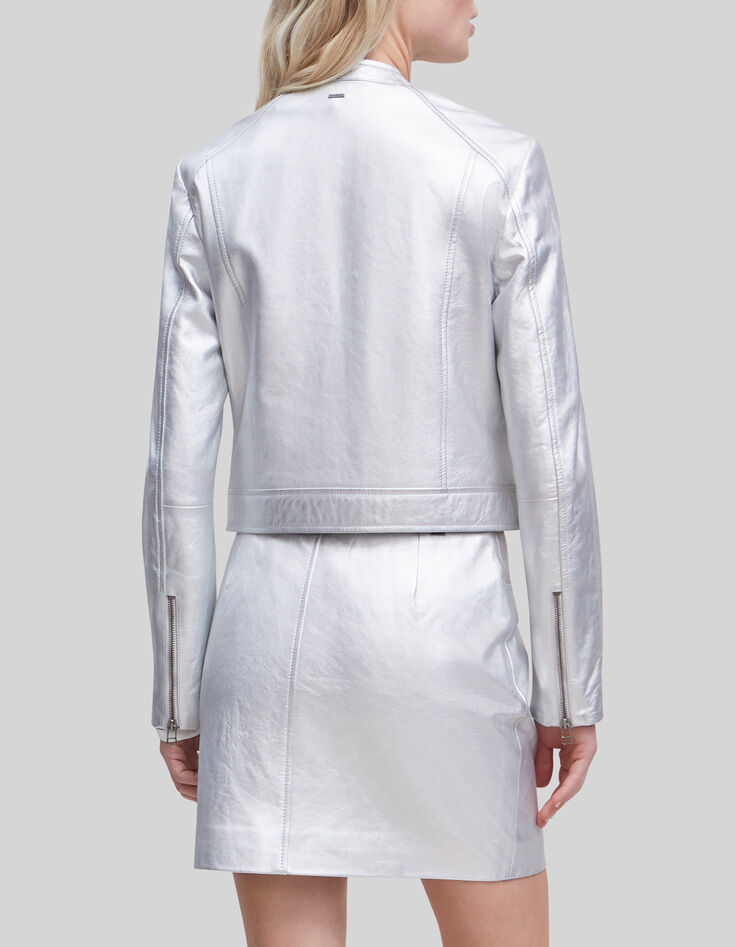 Women&rsquo;s silver leather zipped jacket-4