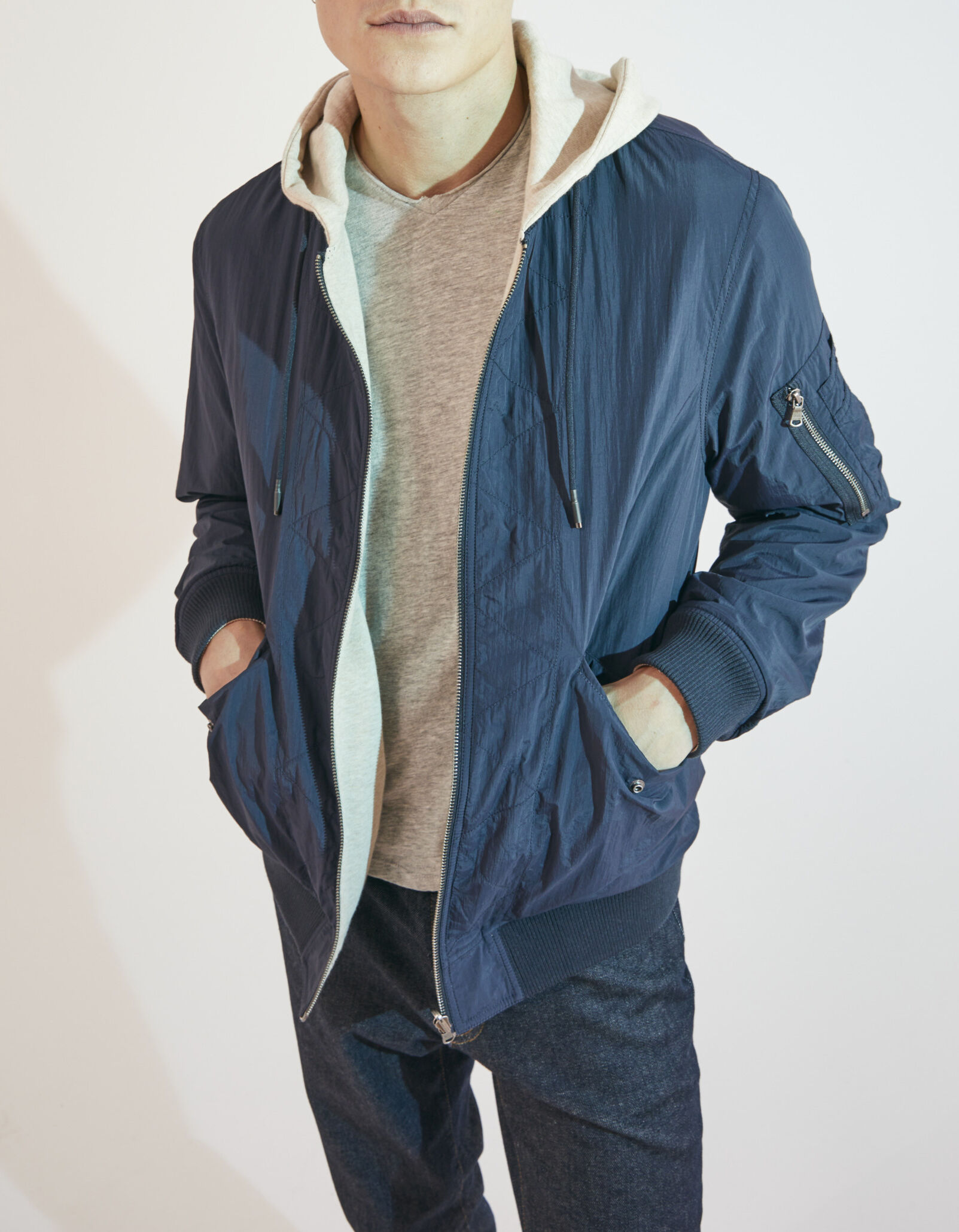Men s navy nylon beige sweatshirt reversible bomber jacket
