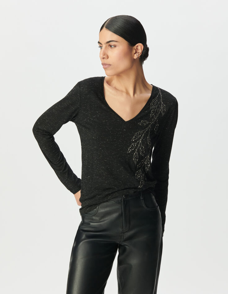 Zwart T-shirt glitters borduursel bloemen Dames-2