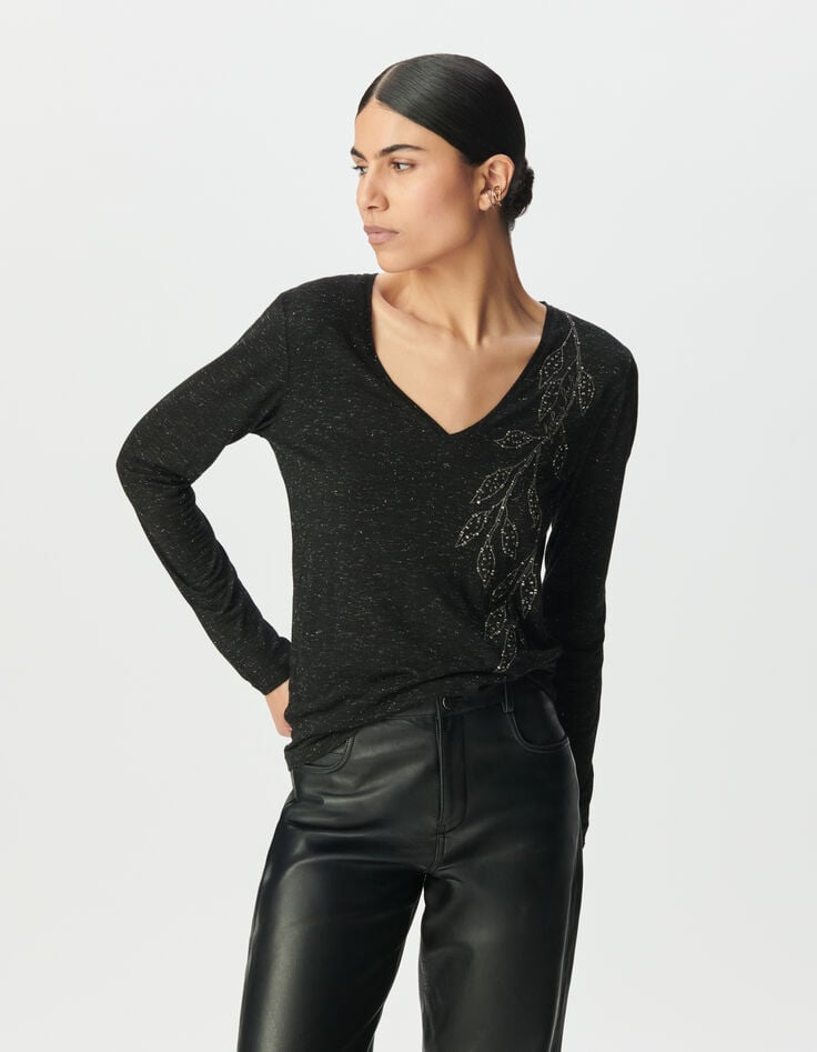 Zwart T-shirt glitters borduursel bloemen Dames-2 Zwart T-shirt glitters borduursel bloemen Dames-2