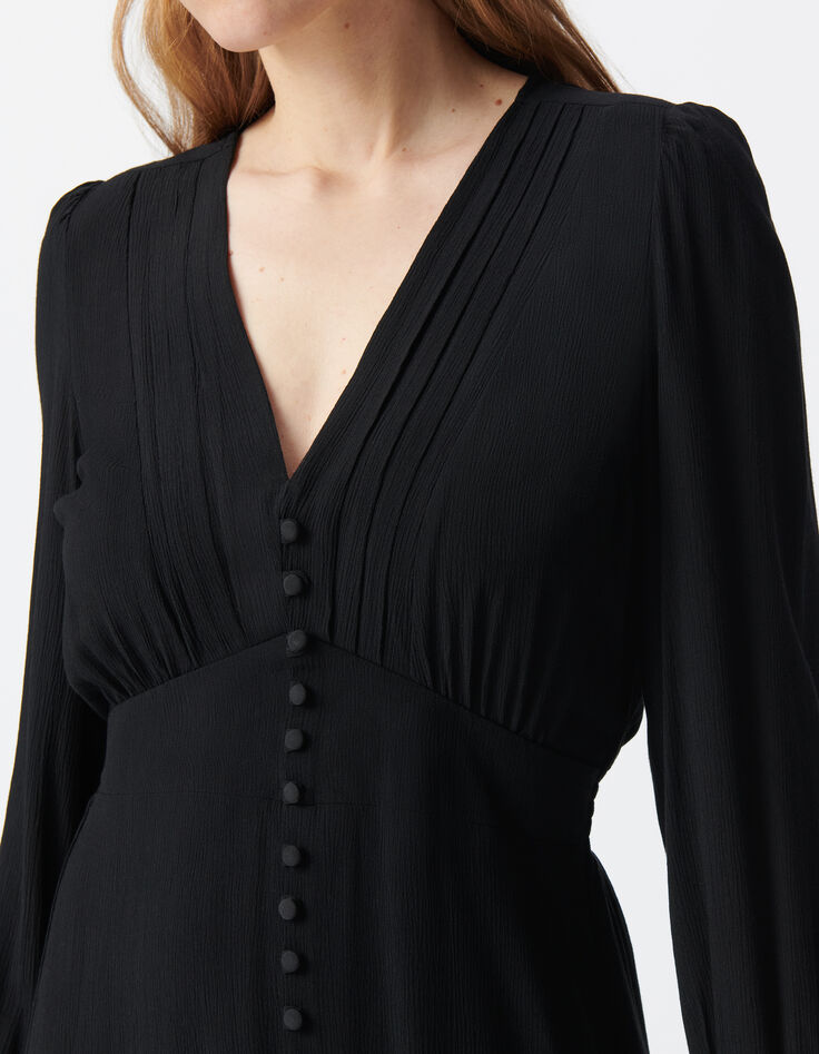 Schwarzes Kleid für Damen mit Falten und Knöpfen-6